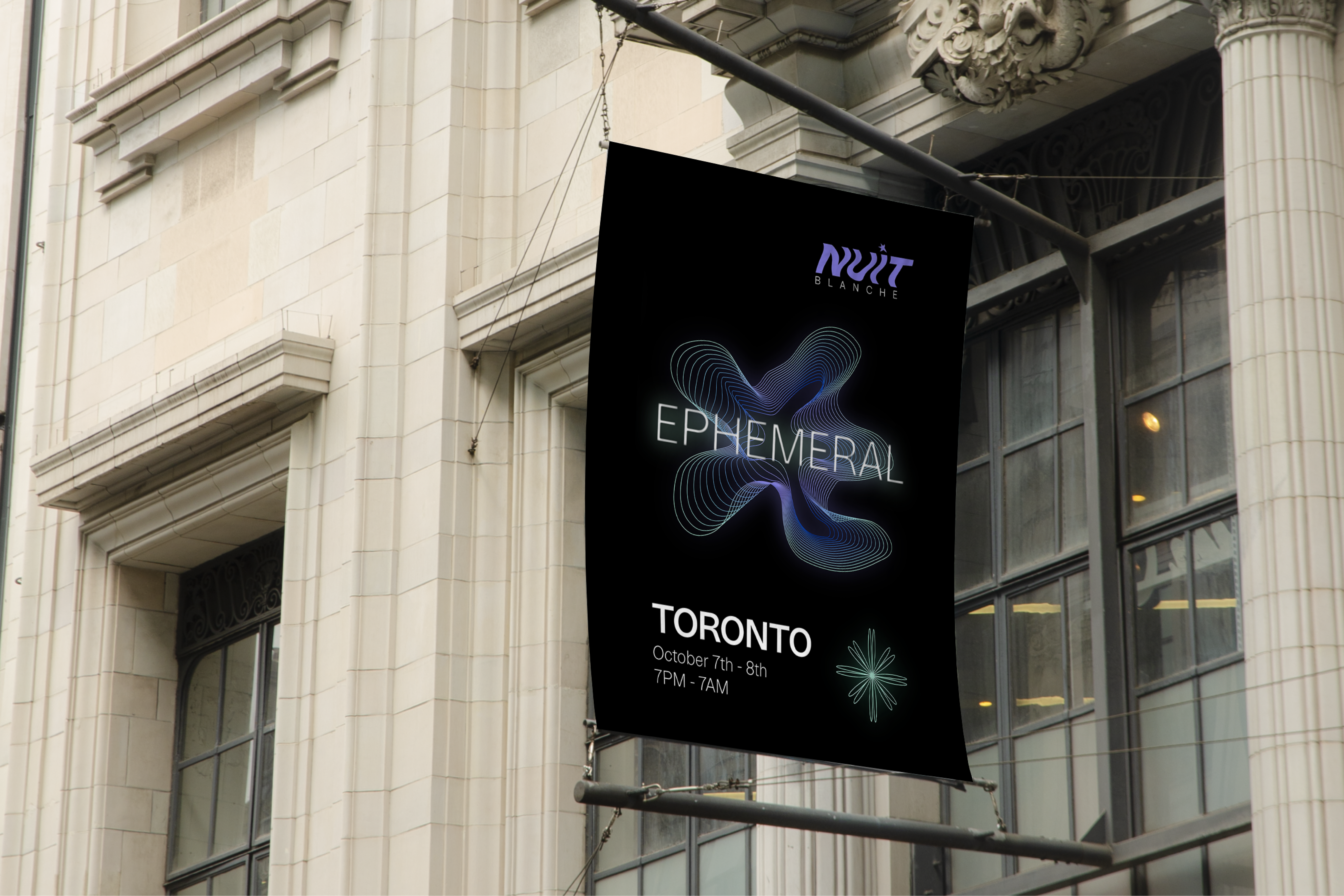 Banner mockup on side of building for Nuit Blanche brand identity redesign.