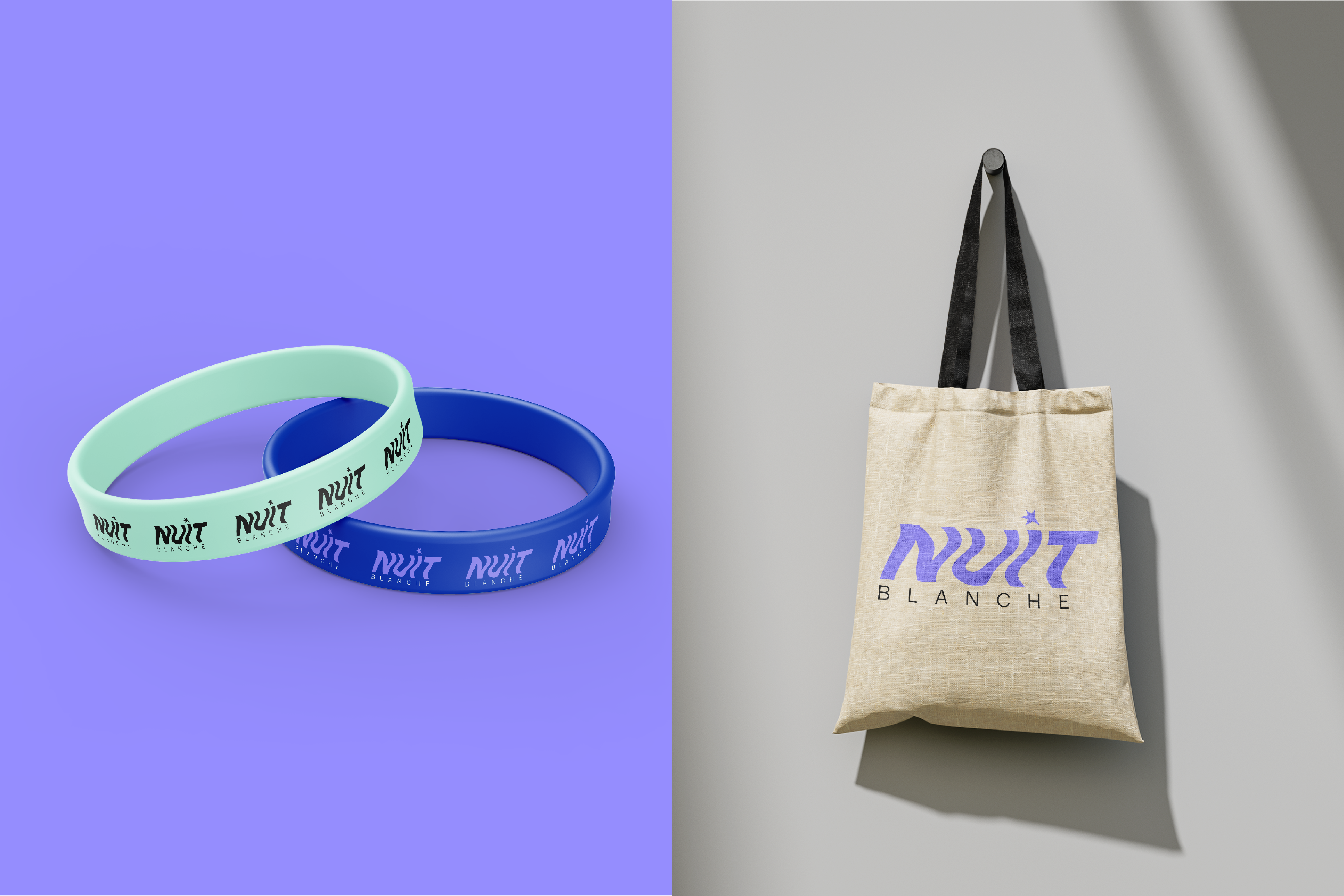 Wristband and tote bage mockups for Nuit Blanche brand identity redesign.