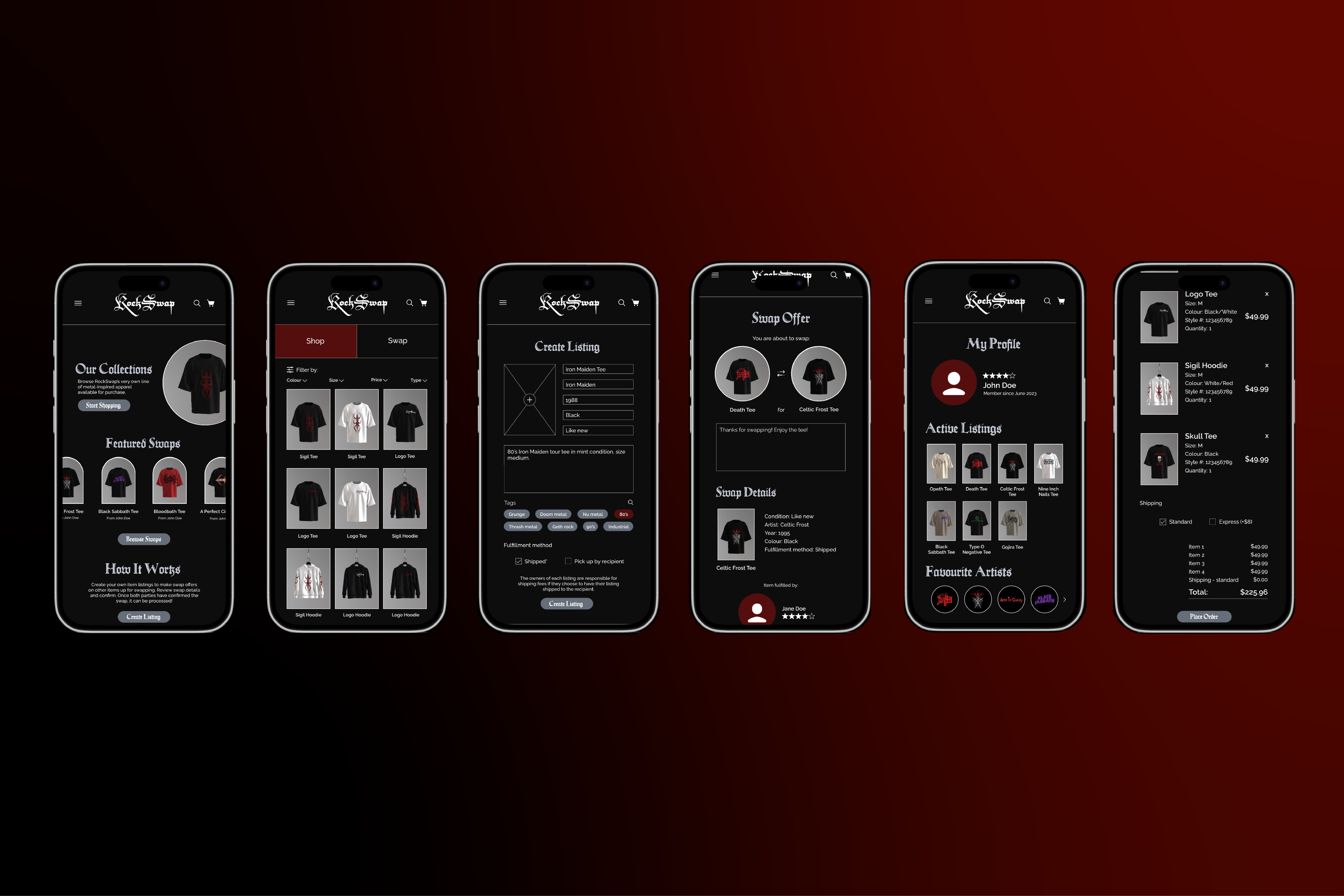 Series of 6 mobile screen prototypes for RockSwap app.